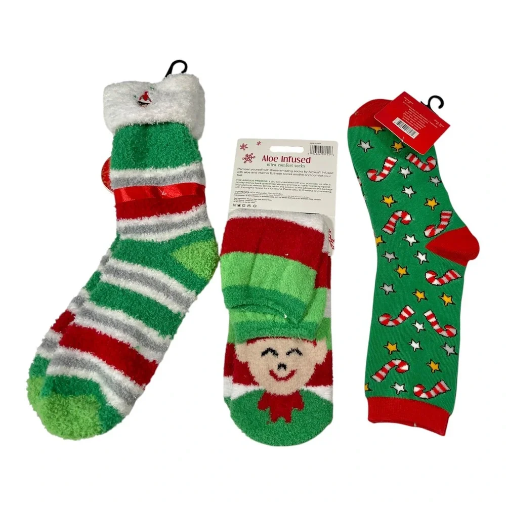 Airplus Yacht & Smith 4-10 Green Red Holiday Socks 3 Pair Bundle Elf Christmas